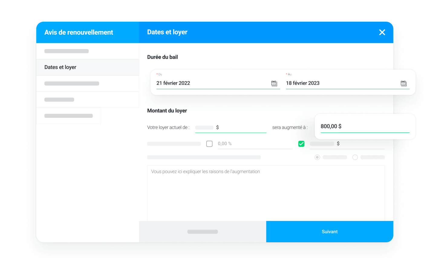 Sélectionnez la date et le loyer